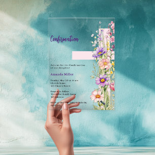 Invitaciones Acrílicas Florales rosa cruz niña Confirmación claro