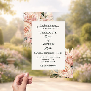 Invitaciones Acrílicas Florales rosa polvoriento marfil boda de lujo