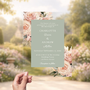 Invitaciones Acrílicas Florales rosa polvoriento marfil verde salvia boda