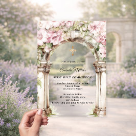 Invitaciones Acrílicas Florales rosadas arco niña Primera Comunión claro