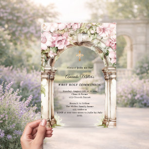 Invitaciones Acrílicas Florales rosadas arco niña Primera Comunión claro