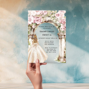 Invitaciones Acrílicas Florales rosadas arcos vestido blanco Dulces 16
