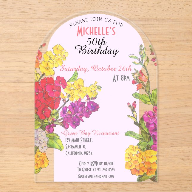 Invitaciones Acrílicas Floreció cumpleaños 50 transparente chic (Anverso)