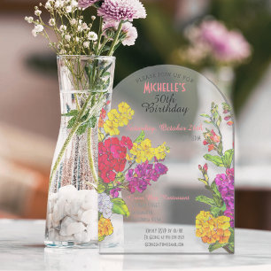 Invitaciones Acrílicas Floreció cumpleaños 50 transparente chic