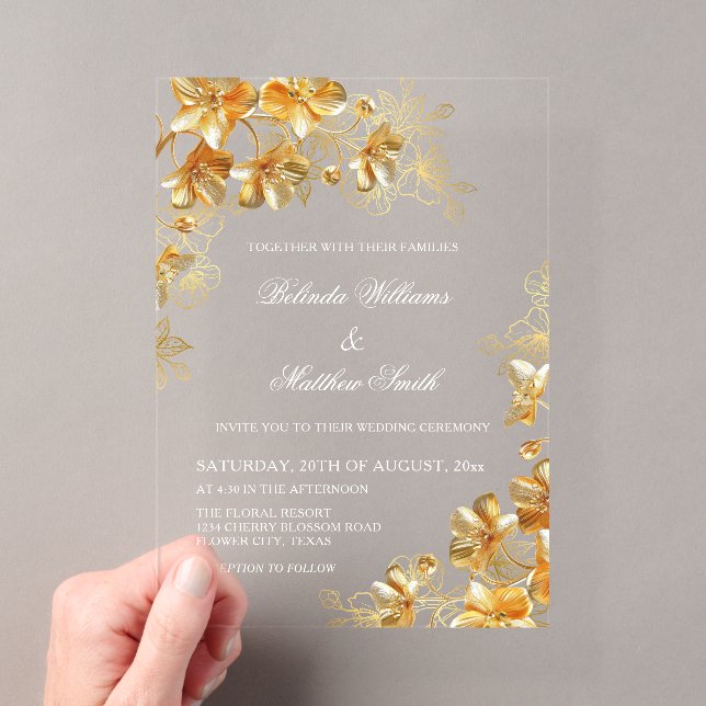 Invitaciones Acrílicas Flores 3D doradas transparentes (Insitu (portátil))