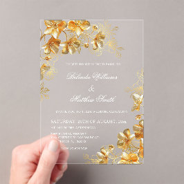 Invitaciones Acrílicas Flores 3D doradas transparentes