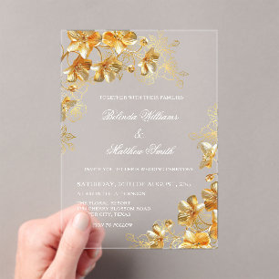 Invitaciones Acrílicas Flores 3D doradas transparentes