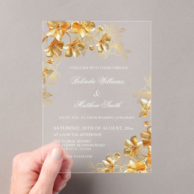 Invitaciones Acrílicas Flores 3D doradas transparentes (Insitu (portátil))