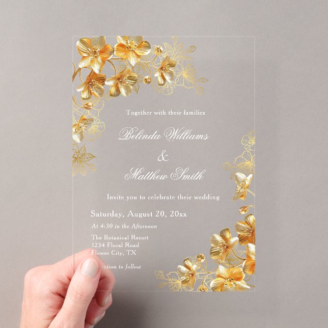 Invitaciones Acrílicas Flores 3D doradas transparentes (Insitu (portátil))