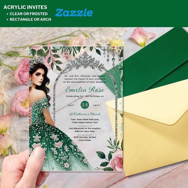 Invitaciones Acrílicas Flores ACRÍLICAS De Vestido De Plata Verde Esmeral (Subido por el creador)