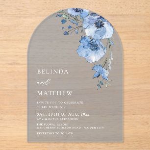 Invitaciones Acrílicas Flores Acuarela Azules Blancas