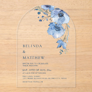 Invitaciones Acrílicas Flores Acuarela Azules Blancas