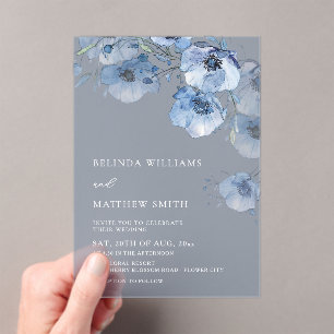 Invitaciones Acrílicas Flores Acuarela Azules Blancas