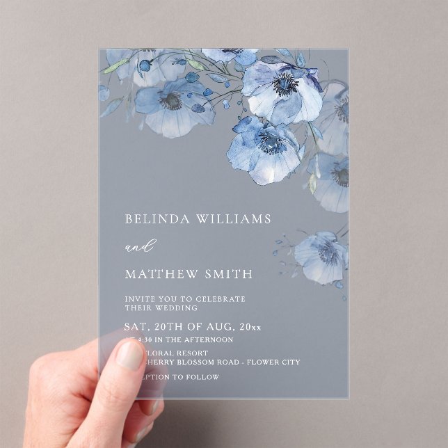 Invitaciones Acrílicas Flores Acuarela Azules Blancas (Insitu (portátil))