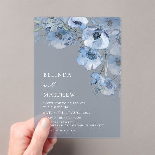 Invitaciones Acrílicas Flores Acuarela Azules Blancas
