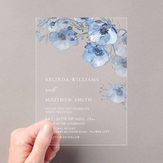 Invitaciones Acrílicas Flores Acuarela Azules Blancas (Insitu (portátil))