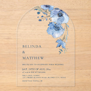 Invitaciones Acrílicas Flores Acuarela Azules Blancas