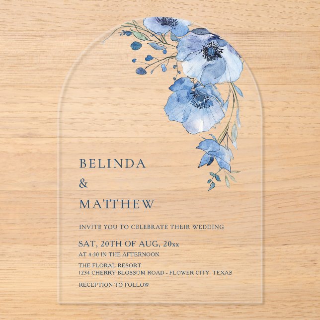 Invitaciones Acrílicas Flores Acuarela Azules Blancas (Anverso)