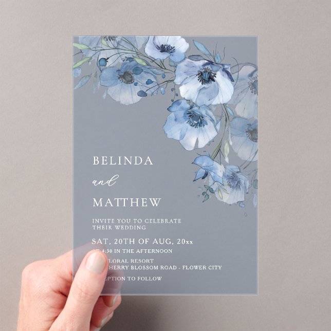 Invitaciones Acrílicas Flores Acuarela Azules Blancas (Insitu (portátil))
