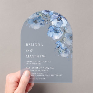 Invitaciones Acrílicas Flores Acuarela Azules Boda Casual Transparente