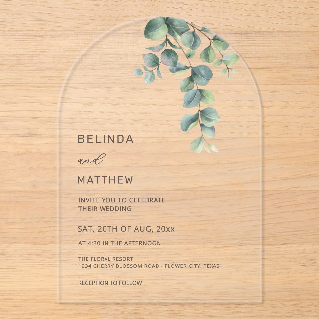 Invitaciones Acrílicas Flores Acuarela Hojas Arco Transparente (Anverso)