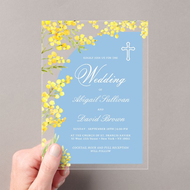 Invitaciones Acrílicas Flores Amarillas Arco Azul Claro Boda Religiosa (Insitu (portátil))