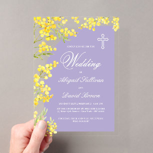 Invitaciones Acrílicas Flores Amarillas Arco Lavanda Boda Religiosa