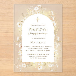 Invitaciones Acrílicas flores amarillas blancas acuarela Primera Comunión