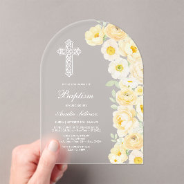 Invitaciones Acrílicas Flores Amarillas Elegantes Arco Bautizo