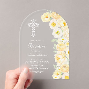 Invitaciones Acrílicas Flores Amarillas Elegantes Arco Bautizo