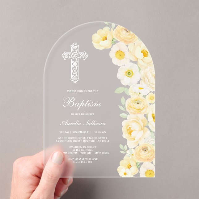 Invitaciones Acrílicas Flores Amarillas Elegantes Arco Bautizo (Insitu (portátil))