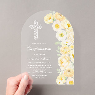Invitaciones Acrílicas Flores Amarillas Elegantes Arco de Confirmación
