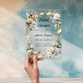 Invitaciones Acrílicas Flores amarillas lazo dorado Despedida de soltera