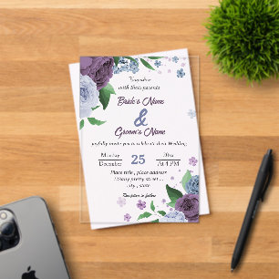 Invitaciones Acrílicas Flores azul polvorientas moradas hojas verdes boda