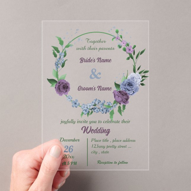 Invitaciones Acrílicas Flores azul polvorientas moradas hojas verdes boda (Insitu (portátil))