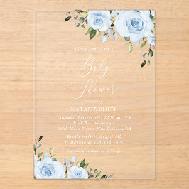 Invitaciones Acrílicas Flores azul turbias, vegetación, boho, Baby Shower