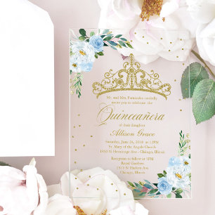 Invitaciones Acrílicas Flores azul turquesa Tiara dorada Quinceañera