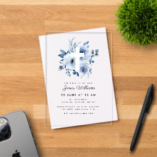 Invitaciones Acrílicas Flores azules acuarela Bautizo