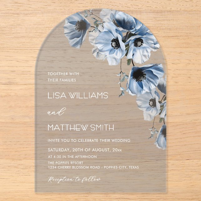 Invitaciones Acrílicas Flores Azules Blancas (Anverso)