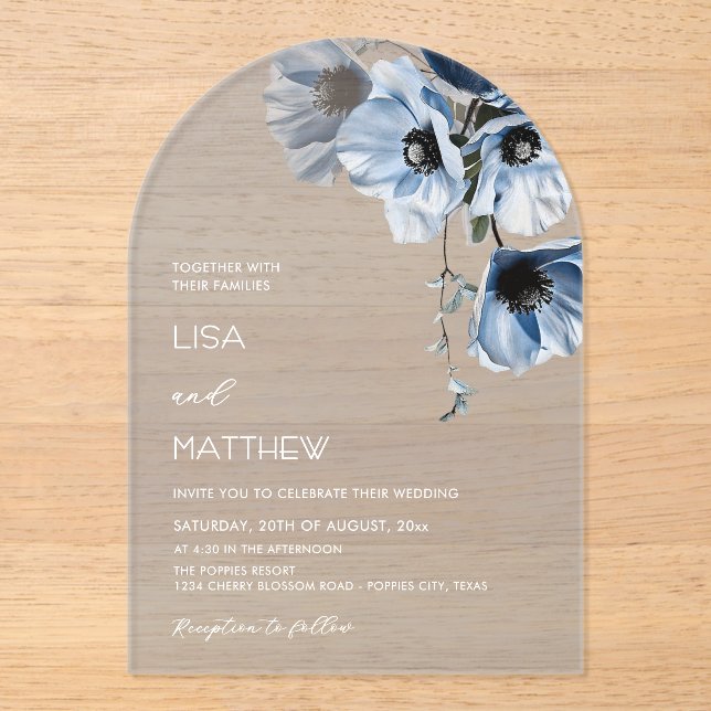 Invitaciones Acrílicas Flores Azules Blancas Claras Boda Casual (Anverso)