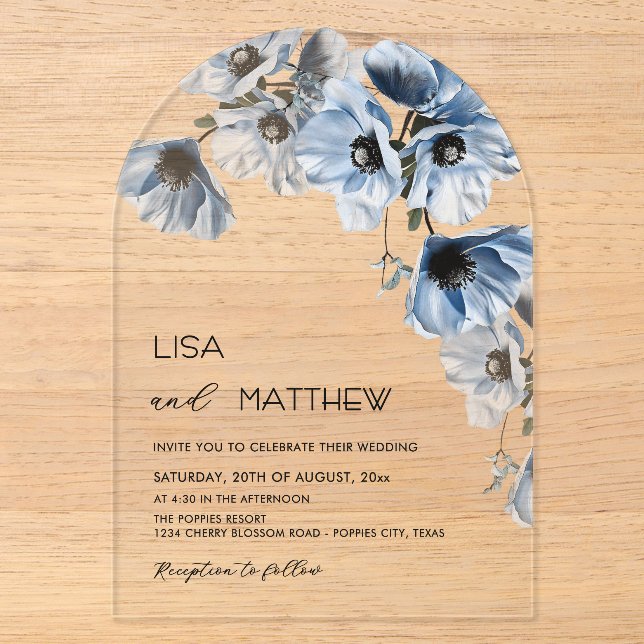 Invitaciones Acrílicas Flores Azules Bodas Blancas Informales (Anverso)