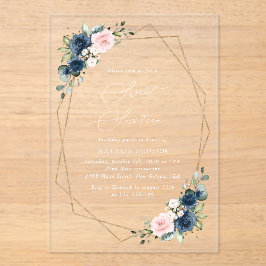 Invitaciones Acrílicas Flores azules de la marina, flores rosadas, boho,