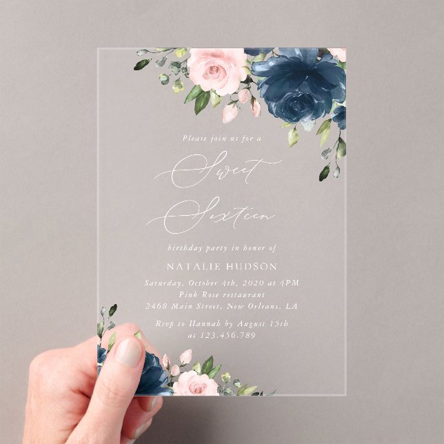 Invitaciones Acrílicas Flores azules de la marina, flores rosadas, boho,  (Insitu (portátil))