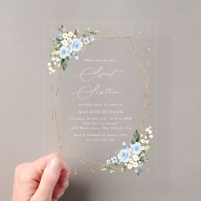 Invitaciones Acrílicas Flores Azules, Flores Blancas, Verdor, Dulces 16 (Insitu (portátil))
