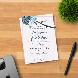 Invitaciones Acrílicas flores azules marineros polvorientas boda botánica