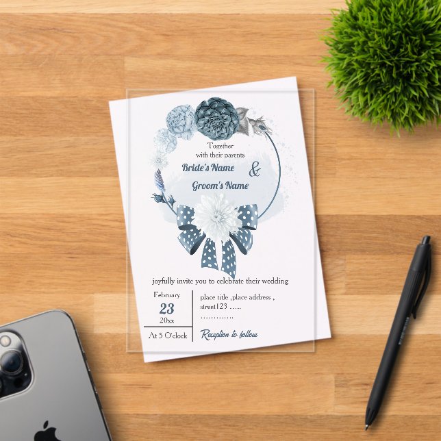 Invitaciones Acrílicas flores azules polvorientas y boda de guirnalda flo (Insitu (Tarjeta de Invitación))