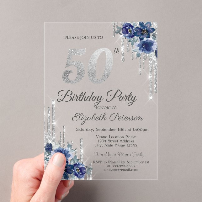 Invitaciones Acrílicas Flores azules Purpurina plata gotea 50 cumpleaños (Insitu (portátil))