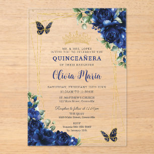 Invitaciones Acrílicas Flores azules reales Flores florales Quinceañera B