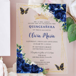 Invitaciones Acrílicas Flores azules reales Flores florales Quinceañera B