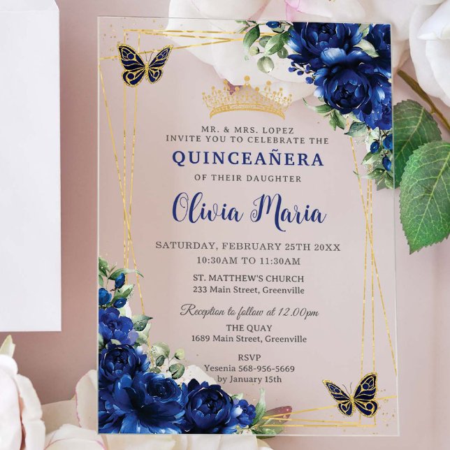 Invitaciones Acrílicas Flores azules reales Flores florales Quinceañera B (Subido por el creador)